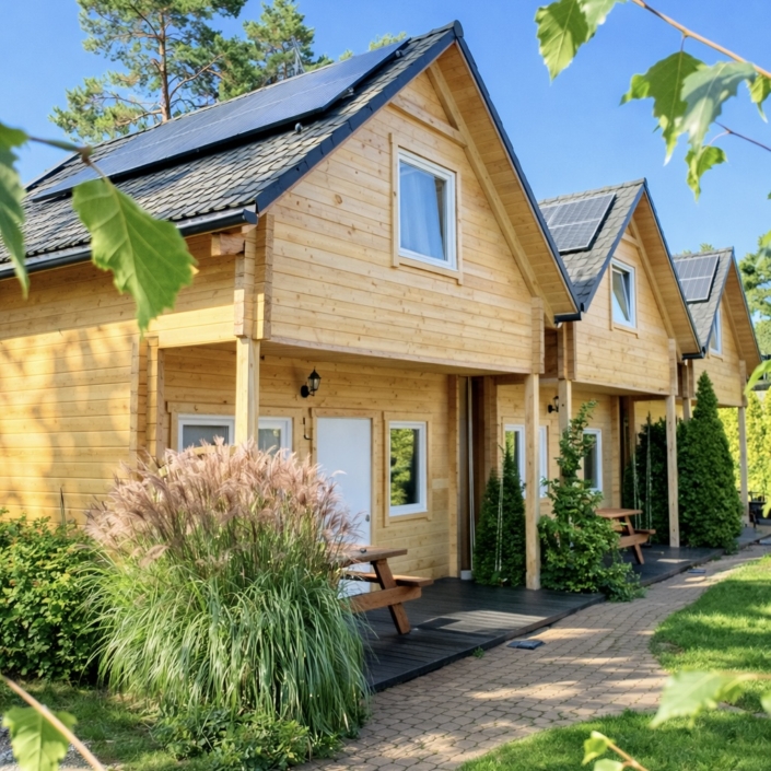 Drewniane domki Morska Fala w Pobierowie otoczone sosnami blisko plaży